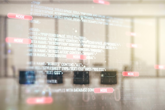 Photo double exposure of abstract programming language interface on a modern meeting room background research and development concept