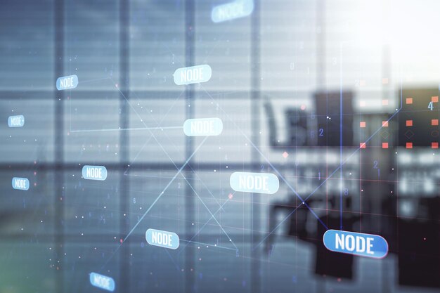 double exposure of abstract programming language interface on a modern meeting room background research and development concept