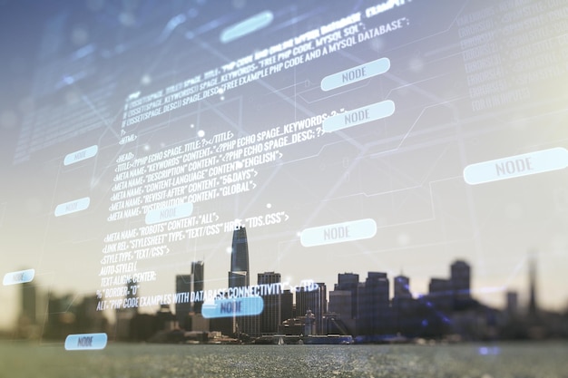 Double exposure of abstract programming language interface on san francisco city skyscrapers background research and development concept