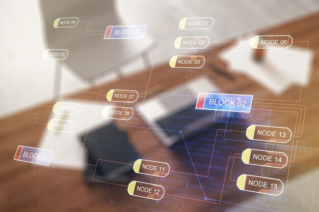 Double exposure of abstract programming language and modern desktop with laptop on background research and development concept