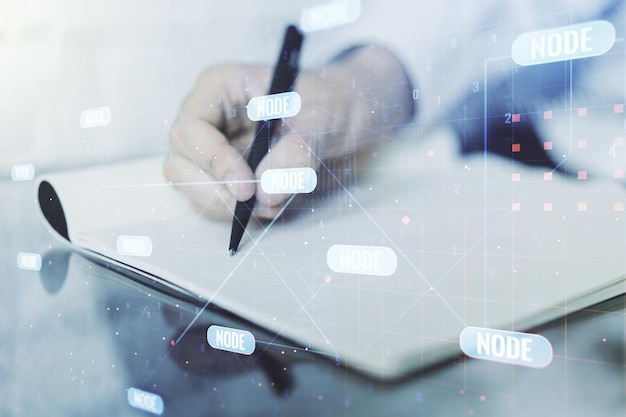 Double exposure of abstract programming language with man hand writing in notebook on background research and development concept