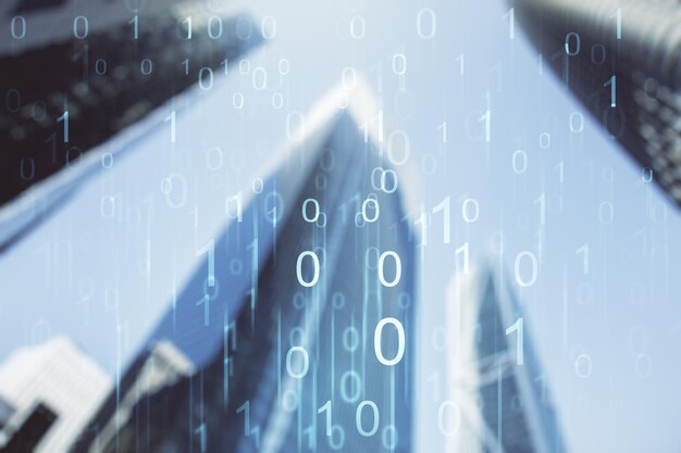 Double exposure of abstract virtual binary code hologram on modern skyscrapers background Database and programming concept