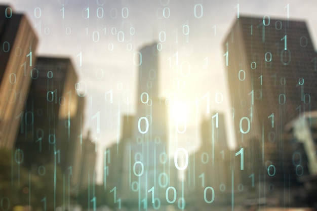 Double exposure of abstract virtual binary code hologram on modern skyscrapers background Database and programming concept