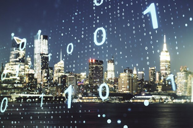 double exposure of abstract virtual binary code hologram on new york city skyscrapers background database and programming concept