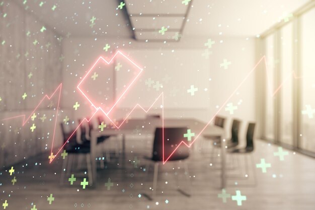 Double exposure of abstract virtual heart rate hologram on a modern meeting room background Healthcare technolody concept