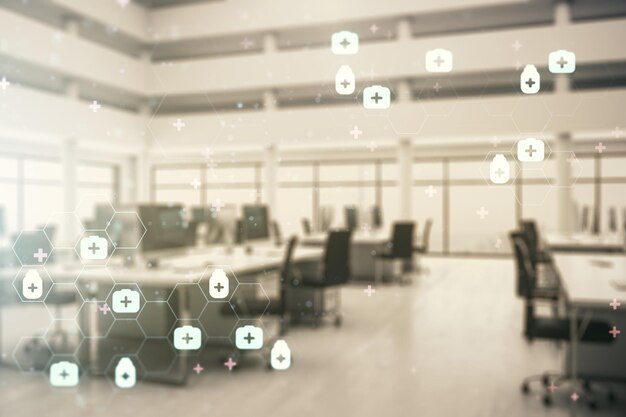 現代の企業オフィスの背景に抽象的な仮想医療ホログラムのダブルエクスポージャー ヘルスケアテクノロジーコンセプト