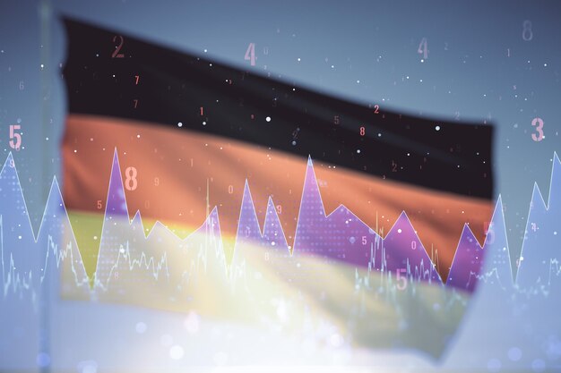 double exposure of abstract virtual statistics data hologram on german flag and blue sky background statistics and analytics concept