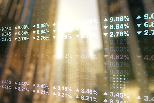 Double exposure of abstract virtual statistics data hologram on\
modern skyscrapers background statistics and analytics concept