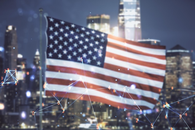 Double exposure of abstract virtual technology hologram on USA flag and blurry cityscape background Research and development software concept