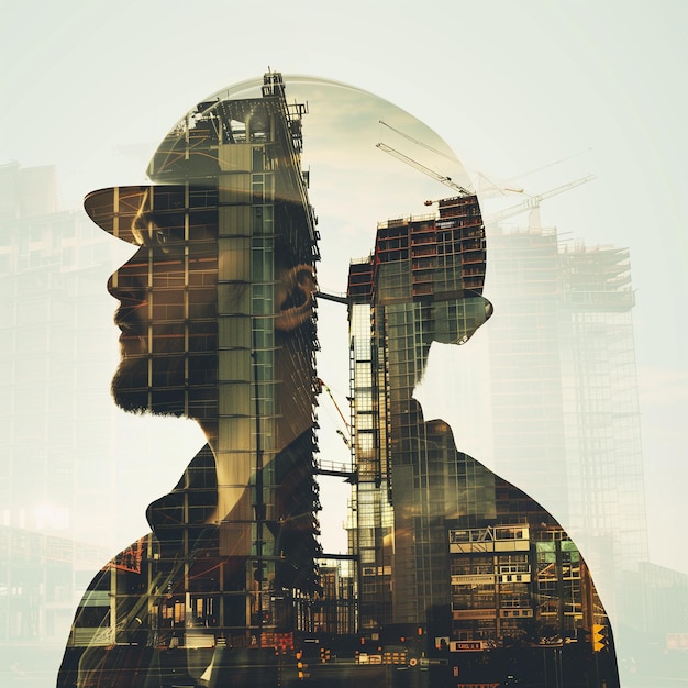 Double exposure of an architect and construction building