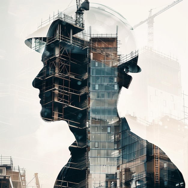 Double exposure of an architect and construction building