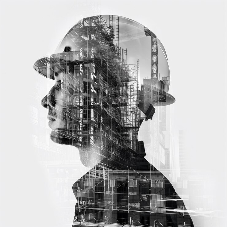 Double exposure of an architect and construction building