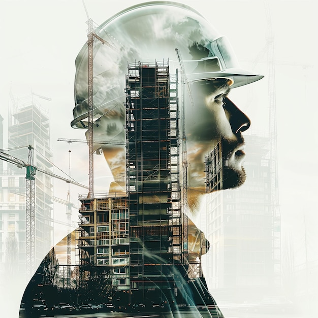 Double exposure of an architect and construction building