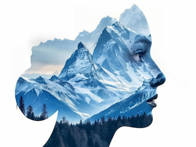 Photo double exposure artwork blending a serene female profile with majestic mountain scenery