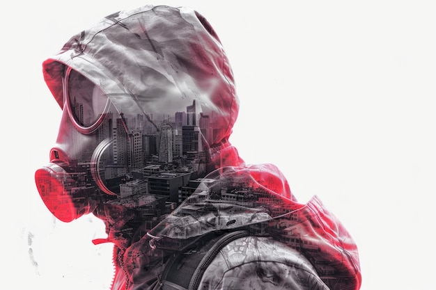 A double exposure artwork showcasing a man wearing a hood and gas mask