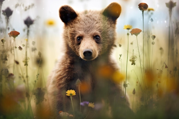 A double exposure of a bear cub and a field of wildflowers