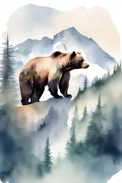 Double exposure of a bear and a mountain natural scenery Watercolor Watercolor postcard