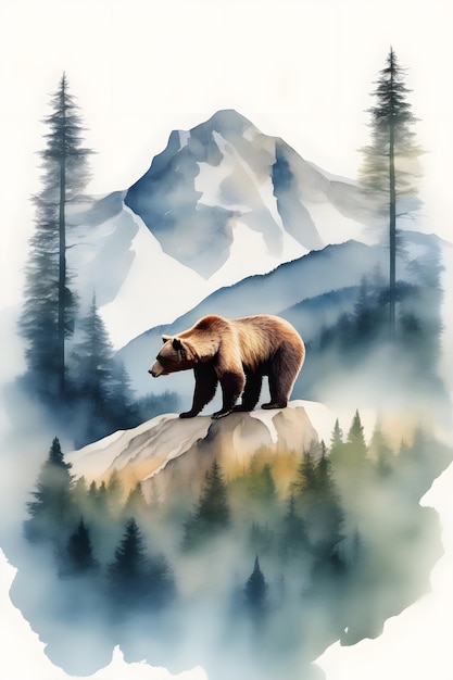 Double exposure of a bear and a mountain natural scenery Watercolor Watercolor postcard