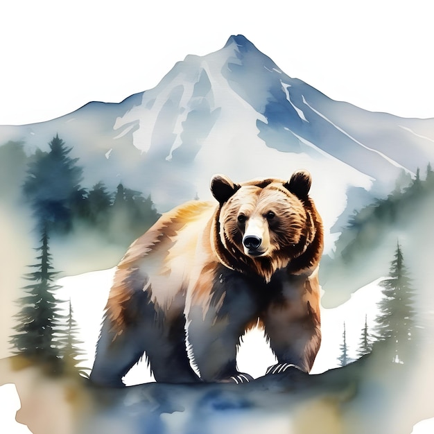 Double exposure of a bear and a mountain natural scenery Watercolor Watercolor postcard