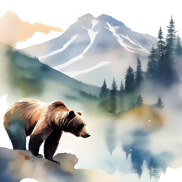 Double exposure of a bear and a mountain natural scenery Watercolor Watercolor postcard