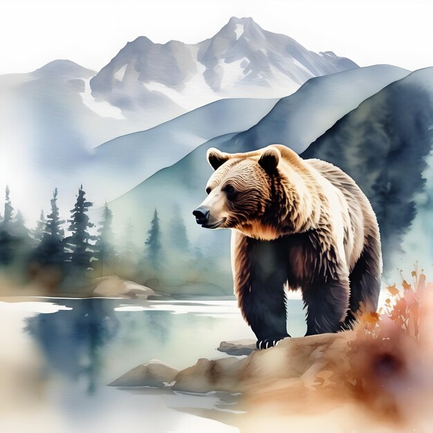 Double exposure of a bear and a mountain natural scenery Watercolor Watercolor postcard