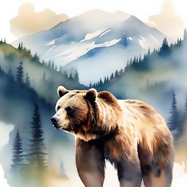 熊と山の自然風景のダブルエクスポージャー 水彩水彩ポストカード
