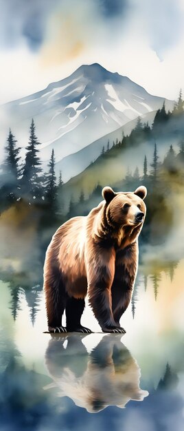 Double exposure of a bear and a mountain natural scenery Watercolor Watercolor postcard