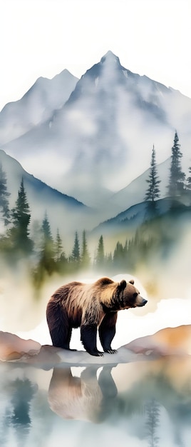 熊と山の自然風景のダブルエクスポージャー 水彩水彩ポストカード