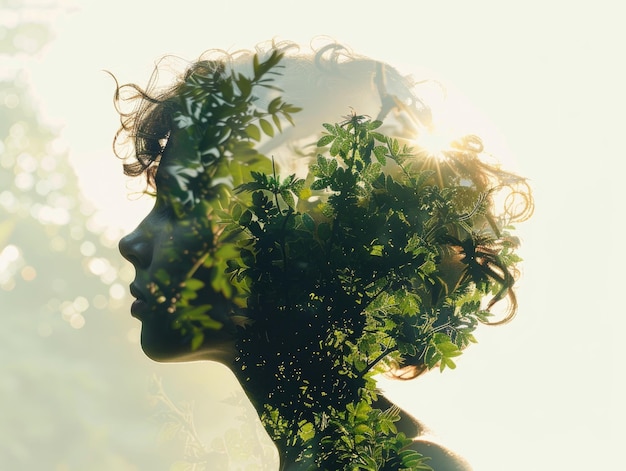 Double exposure of beautiful woman and blue forest
