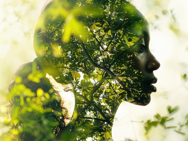 Foto doppia esposizione di bella donna e foresta blu