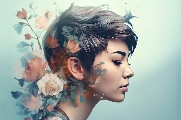 Double exposure beautiful woman and flowers isolate Happy women's day 8 march of different of flowers Generative Ai