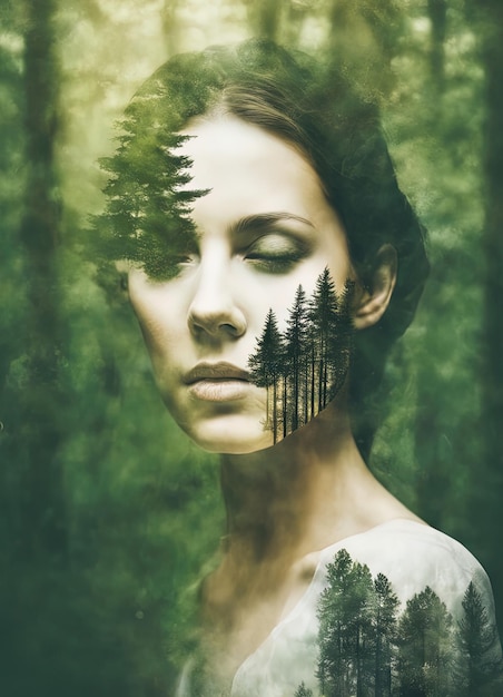 Foto doppia esposizione di giovane e bella donna con ramo di pino natura conceptdouble esposizione di essere