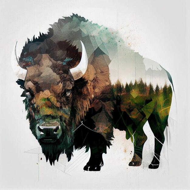 Double exposure bison graphic