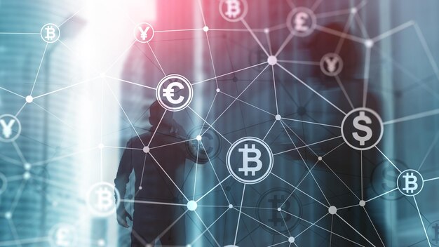 Foto doppia esposizione concetto di bitcoin e blockchain economia digitale e commercio di valuta