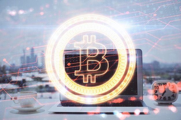 double exposure of blockchain and crypto economy theme hologram and table with computer background concept of bitcoin cryptocurrency