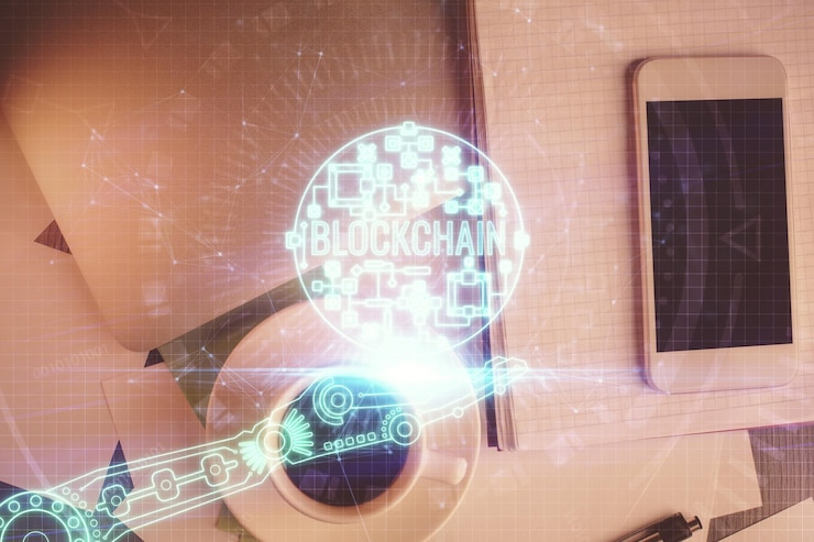 Photo double exposure of blockchain theme hologram over table with phone top view crypto technology concept