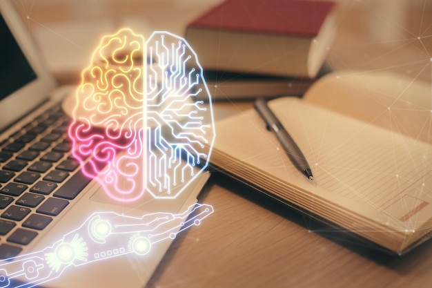 Photo double exposure of brain drawing and desktop with coffee and items on table background concept of research