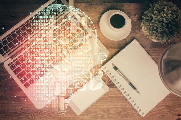 Double exposure of brain drawing hologram over topview work table background with computer Concept of big data