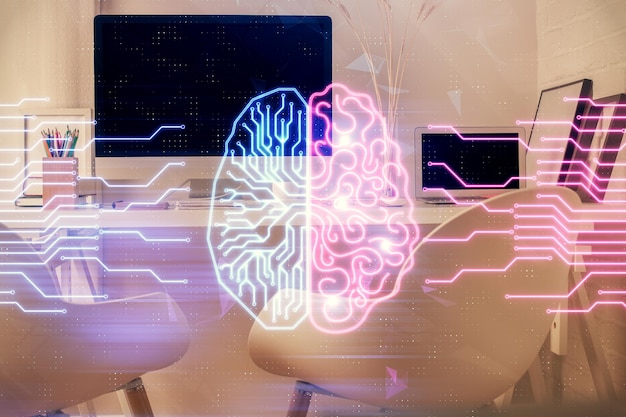 Double exposure of brain drawing and office interior background Concept of data technology