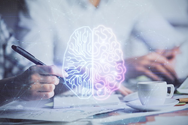 Double exposure of brain drawing over people taking notes background Concept of Ai