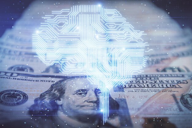 Double exposure of brain drawing over us dollars bill background Technology concept