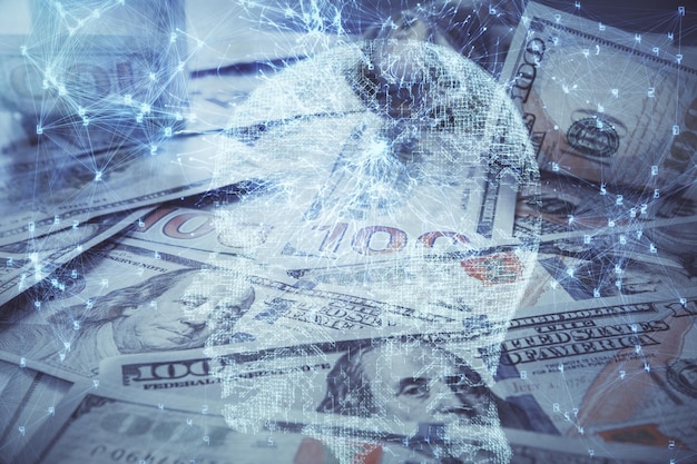 Double exposure of brain drawing over us dollars bill background Technology concept