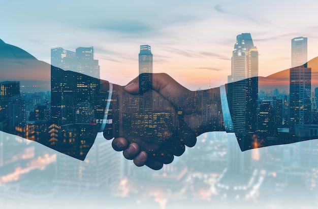 Photo double exposure of business handshake and cityscape