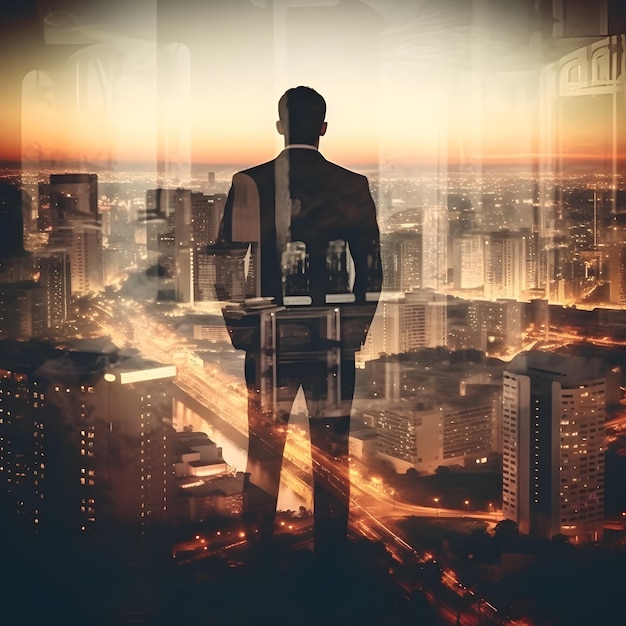 The double exposure business man standing back during sunrise with cityscape The concept of modern life business city Generated AI