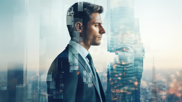 Double exposure of a business man in a suit in front of a city building background