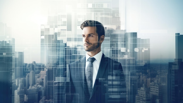 Double exposure of a business man in a suit in front of a city building background