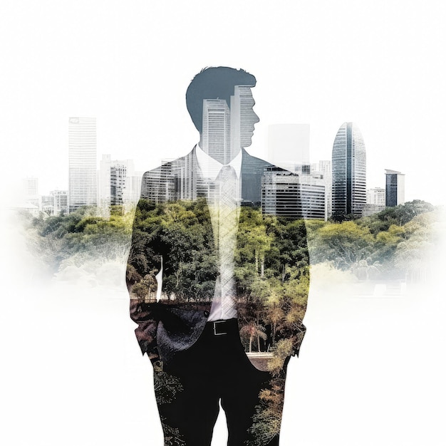 Double exposure business man with city and forest