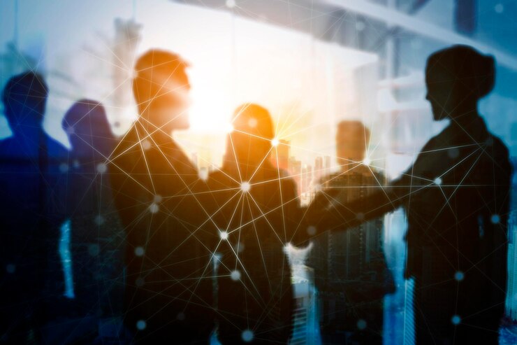 Photo double exposure of business people talk each other