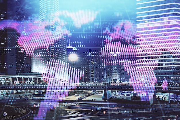 Double exposure of business theme hologram drawing and city veiw background Concept of success