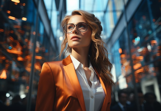 A Double Exposure of a Business women in the Cityscape Embodies Success and Future Plans realistic